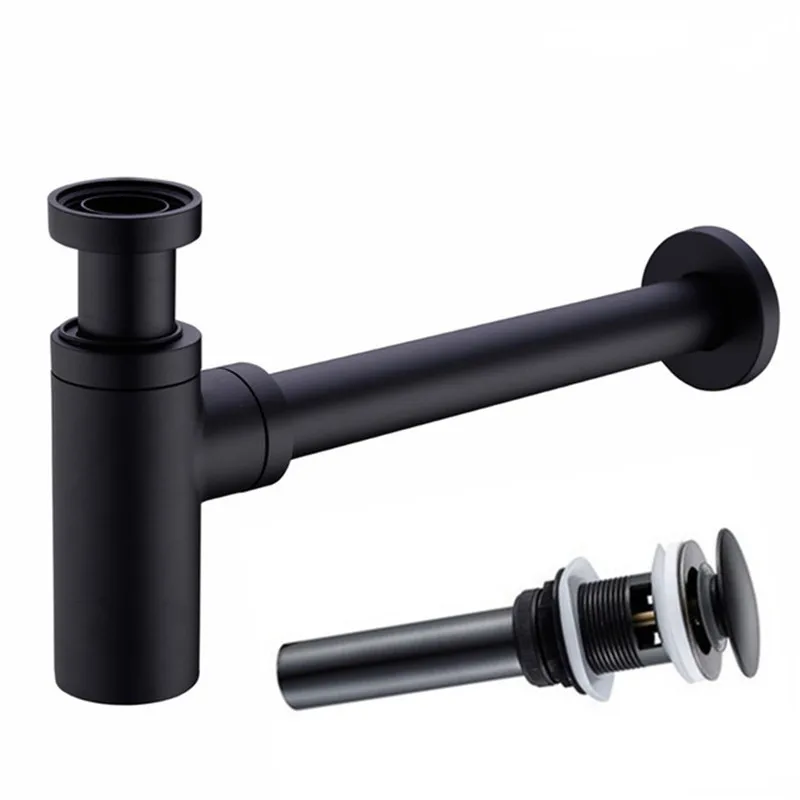 

Drains Brass Round Siphon P-TRAP Deodorization Bathroom Vanity Basin Pipe Waste With Pop Up Drainer & Overflow Black/Chrome