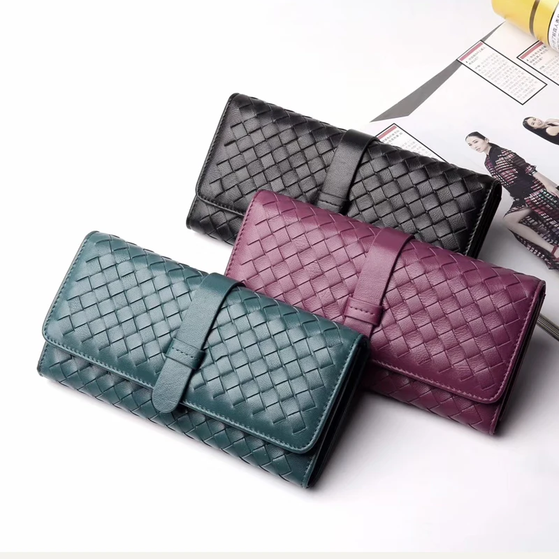 Luxury Brand Wallet Women's Long Woven Clutch 2022 New Flip-Style Large-Volume 100% Leather Sheepskin Storage Money Clips Spot