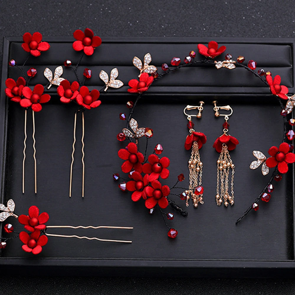 

Japan and South Korea Vintage Red Bridal Headband for Women Bridal Hair Accessories Bionic Flower Hair Styling Accessories Gifts