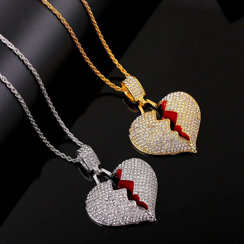 

Fashion Broken Heart Pendant Necklaces Women Men Hip Hop Jewelry Gold Silver Color Iced Out Chain Rhinestone Statement Necklace