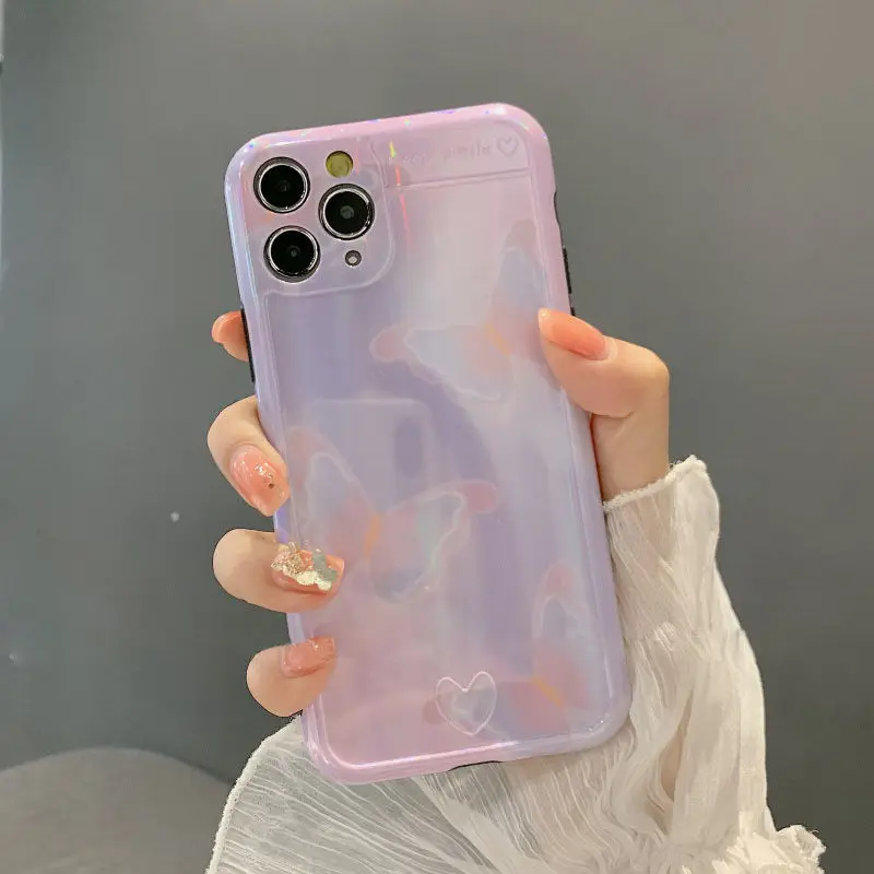 

Cute Laser Butterfly Phone Case For iPhone 11 Pro Max XR XS Max X XS 7 8 Plus Purple Soft Silicon TPU Back Cover Coque Fundas