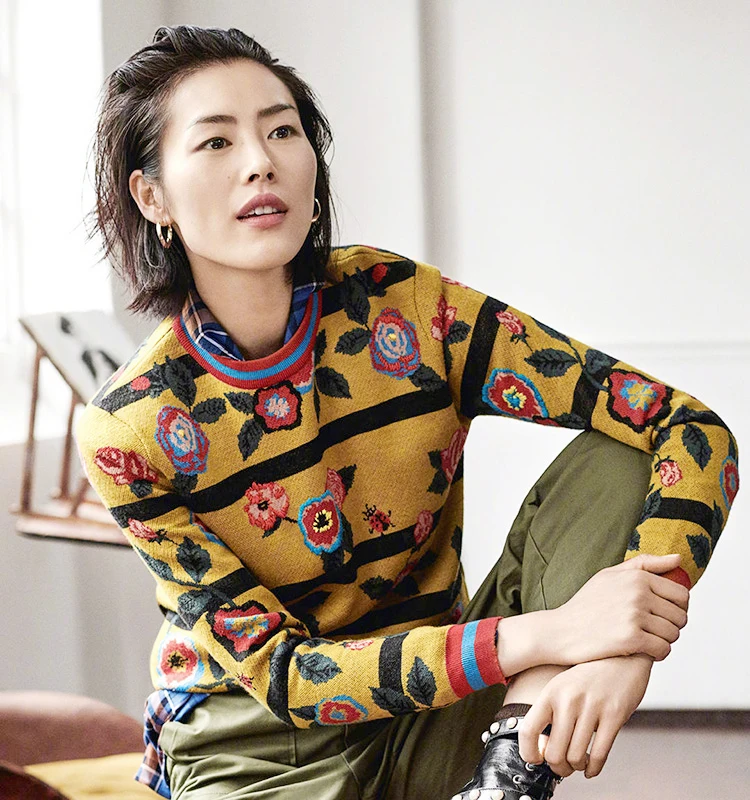 Женский трикотажный свитер с цветочным принтом и длинным рукавом Осень-зима |