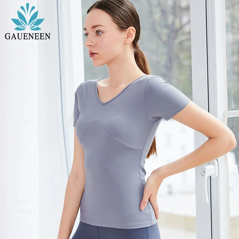 

GAUENEEN Women V Neck Sport T-shirt Quick Dry Removable Padded Yoga Top Workout Gym Short Sleeve T-shirts Crop Top Sports Wear
