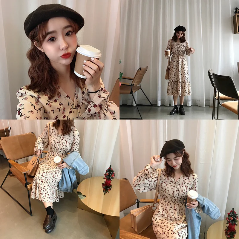 Весенне-летнее корейское платье женское Цветочное с длинным рукавом размера