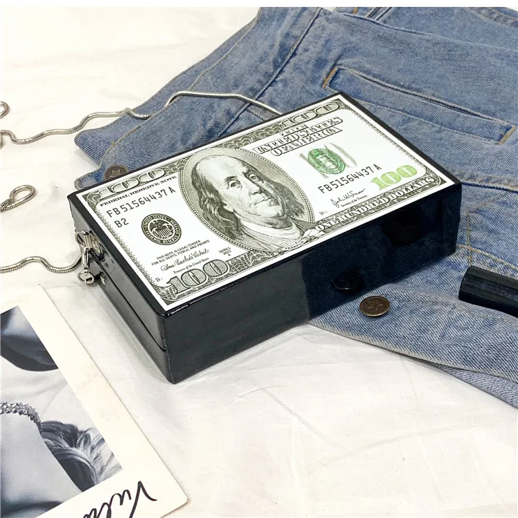 Fashion Dollar Pattern Box Design Pu Leather Women Daily Clutch Bag Chain Purse Shoulder Bag Tote Ladies Handbag Crossbody Bag