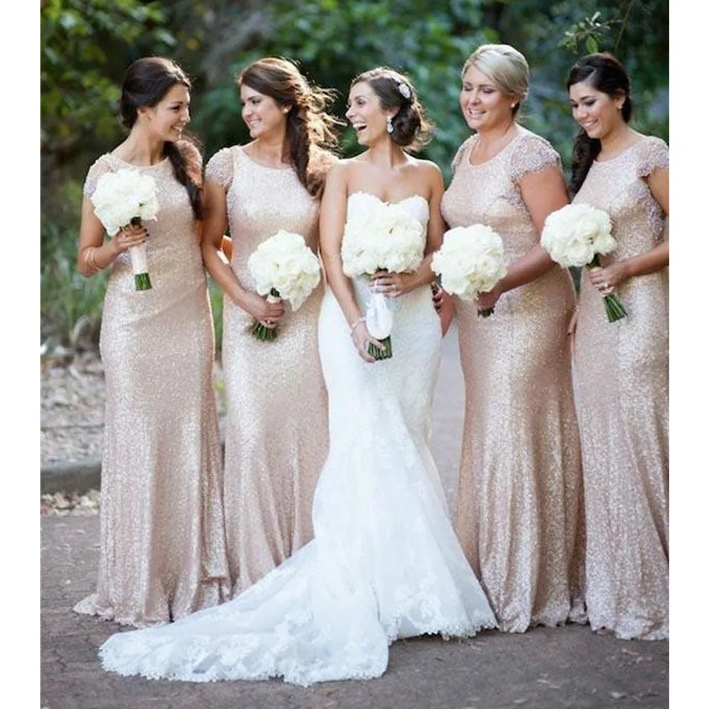 

Sequins Maid Of Honor Dresses Scoop Neck Sheath Cap short Sleeves Elegant Designer Bridesmaid Gowns Wedding Party dress