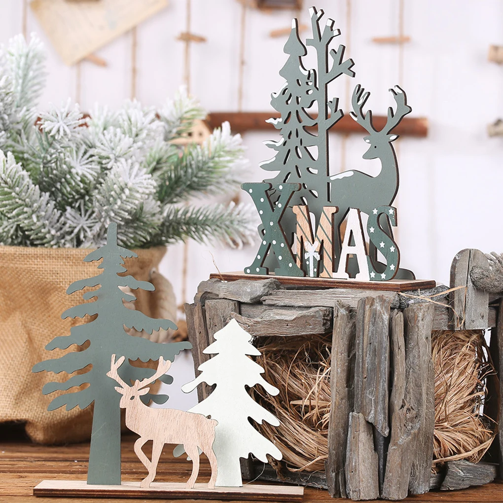 

2021 Xmas Tree and animal Ornament Standing Craft Table Wooden Decoration for Christma