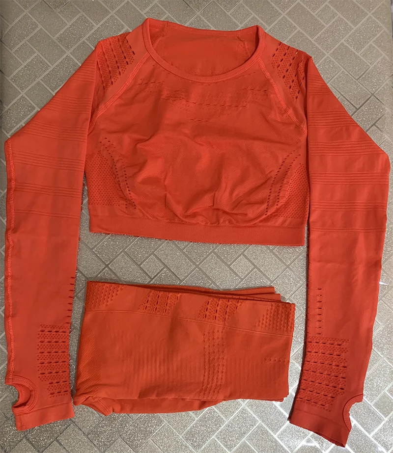 Orange sets Женский бесшовный набор для фитнеса с высокой талией, энергетический спортивный костюм, спортивные сетчатые леггинсы, рубашки, спортивный костюм с длинными рукавами, спортивные комплекты для бега - Цвет: Orange sets