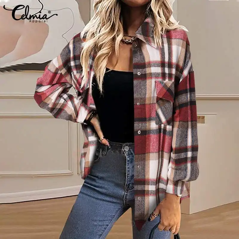 

Женская клетчатая куртка с отворотом Celmia, Модные осенние пальто с длинным рукавом и пуговицами и карманами, Повседневная Верхняя одежда ове...