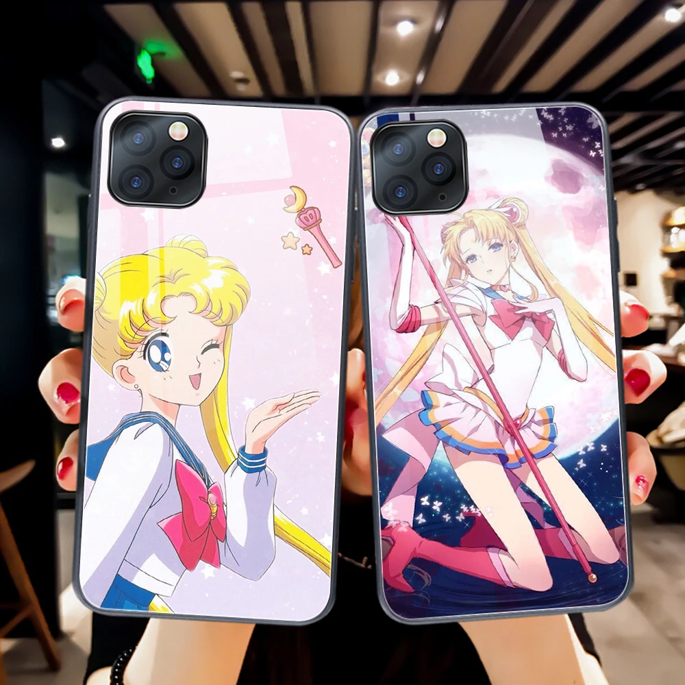 

Cute Sailor Moon Funda Case for Iphone 12 Pro case for Iphone 12 11 XR Pro XS MAX X 7 8 6 6S Plus SE 2020 Tempered Glass Case