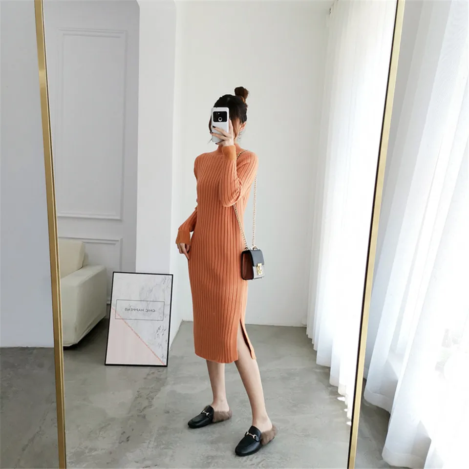 Раздельное однотонное платье с круглым вырезом и длинным рукавом Vestido, милое зимнее трикотажное платье, Осеннее женское элегантное платье, новинка года, модное тонкое мягкое женское платье