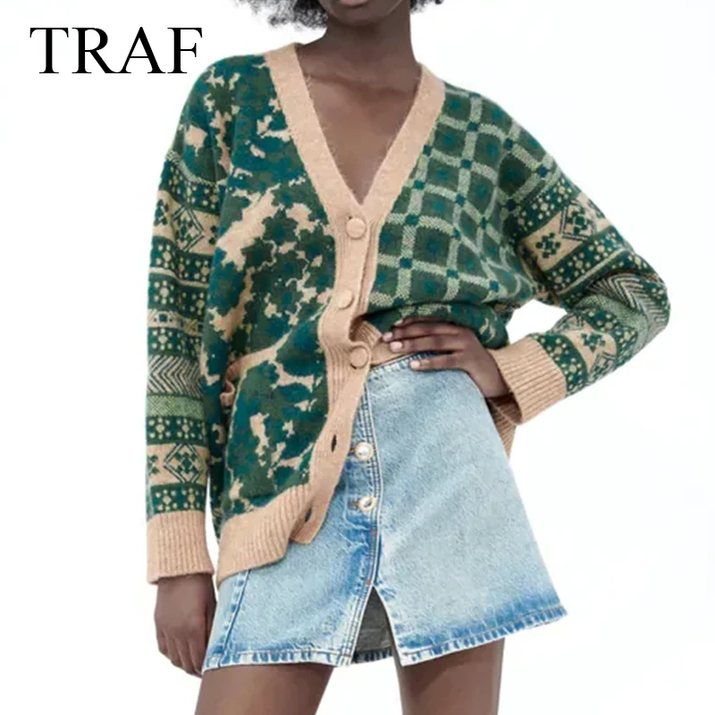 

TRAF ZA Autumn Fashion Women's Sweater Oversized Long Sleeve Green Cardigan Single Breasted Casual Coat Loose Knitted Sweater