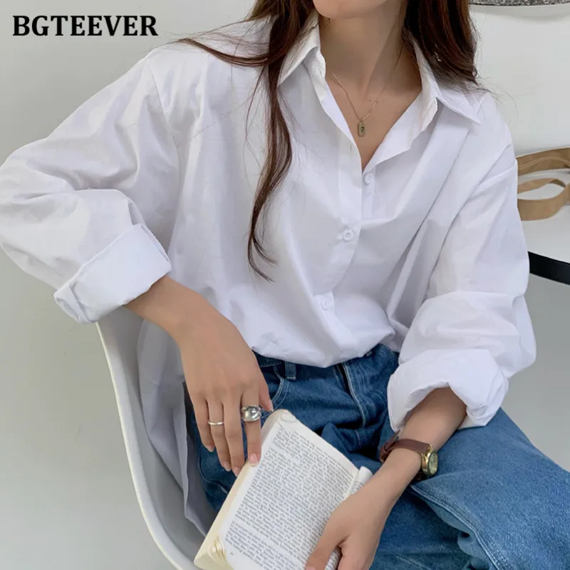 

Стильные однотонные рубашки BGTEEVER, топы для женщин, осень 2021, свободные однобортные женские хлопковые блузки, повседневные женские блузы