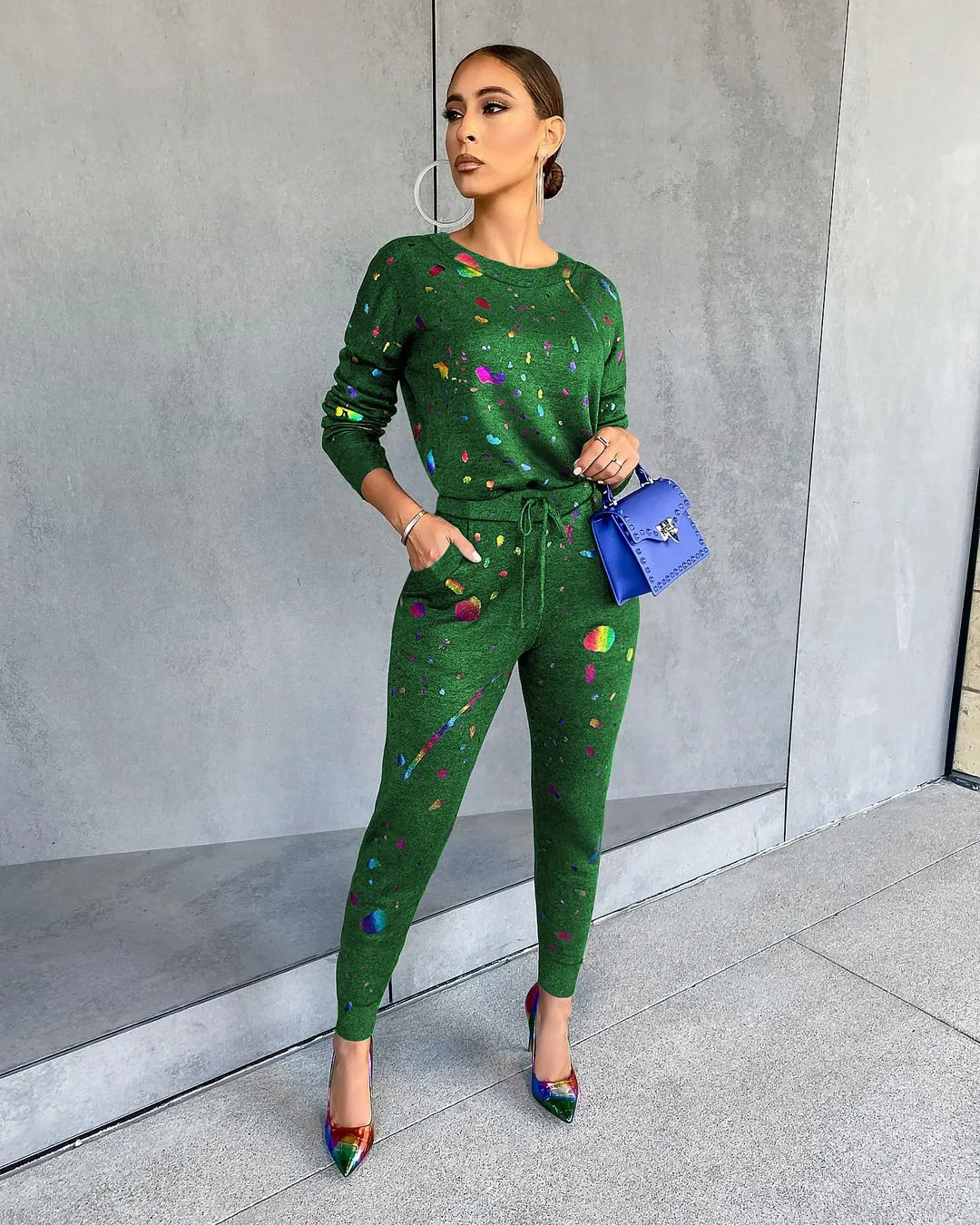 Домашний костюм для женщин с принтом граффити Комплект из двух предметов свитер