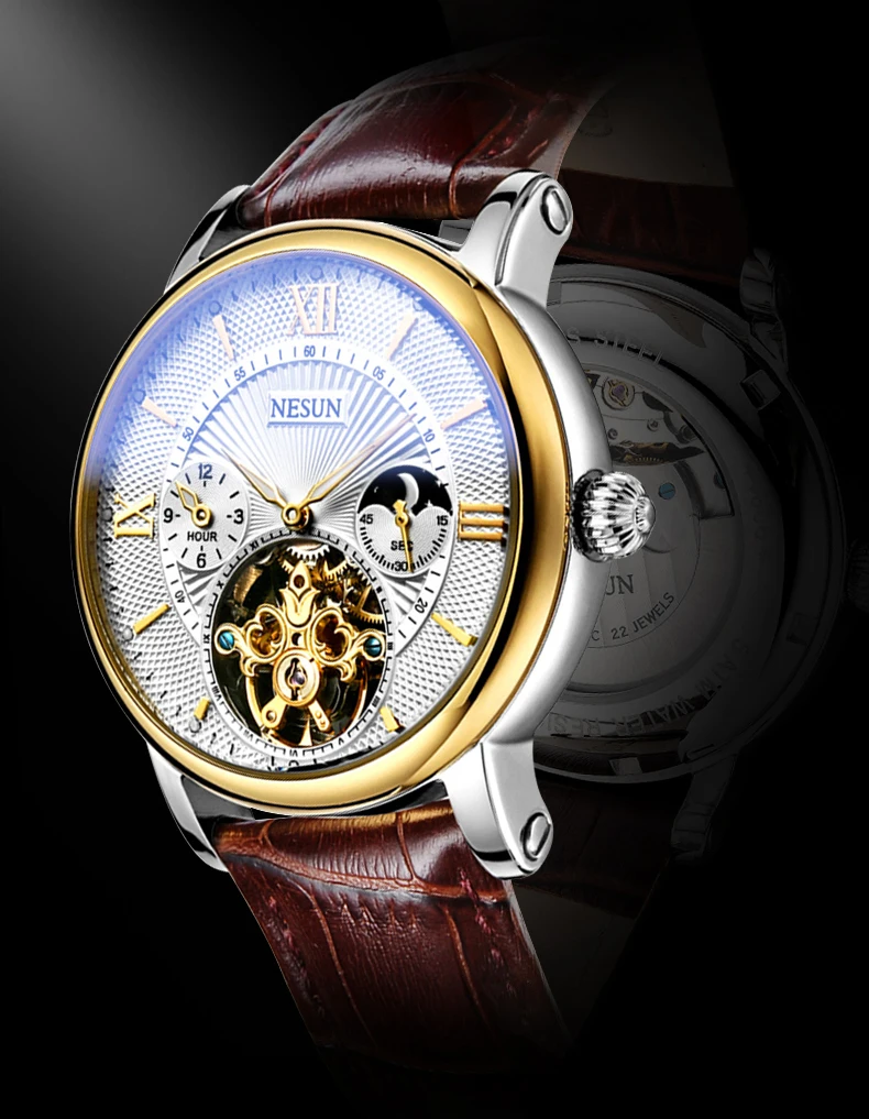 Швейцарские часы Nesun Skeleton Tourbillon для мужчин Топ люксовый бренд автоматические механические мужские часы водонепроницаемые relogio N9091-3