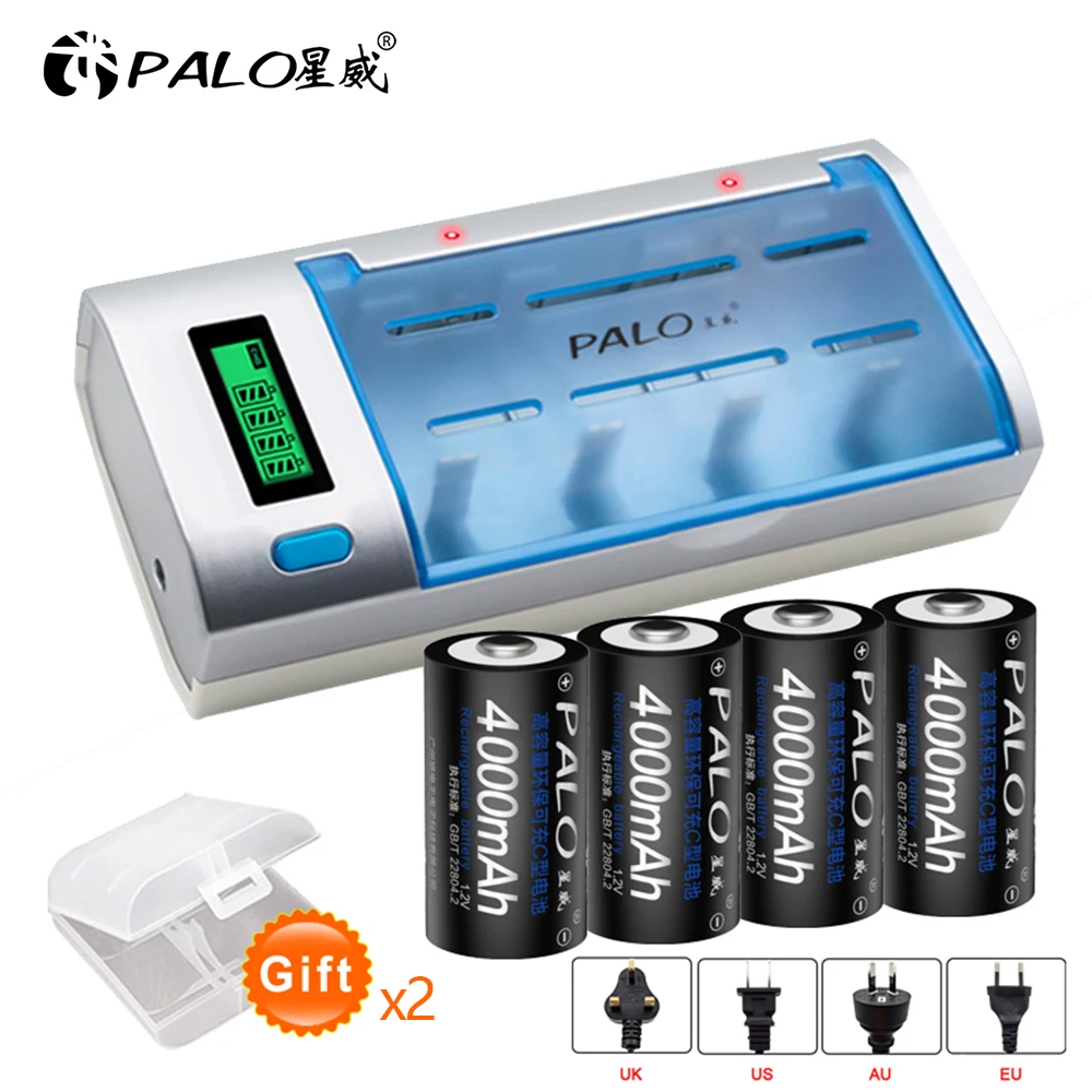 

4-8pcs C size rechargeable battery 1.2V 4000mAh NI-MH + intelligent fast charging LCD charger for AA AAA C D 9V