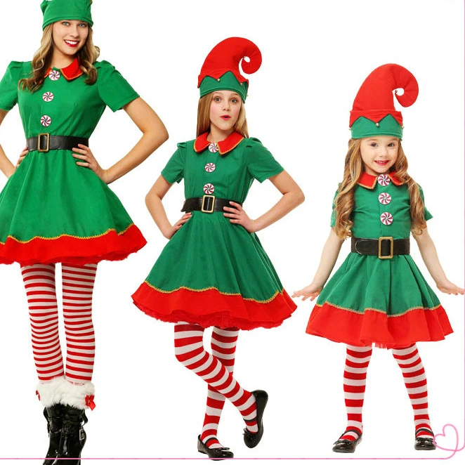 

Christmas Costume Children Christmas Elf Cosplay Adult/Kids Cosplay Festival Adult Men and Women Green Christmas Costumes