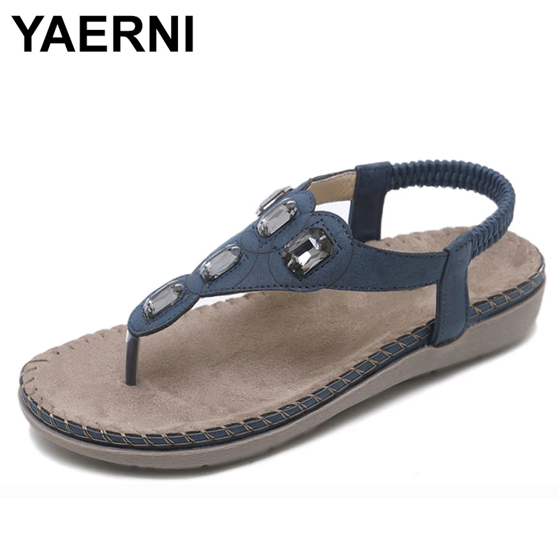 Женские сандалии с жемчугом YAERNI синие пляжные шлепанцы на плоской платформе