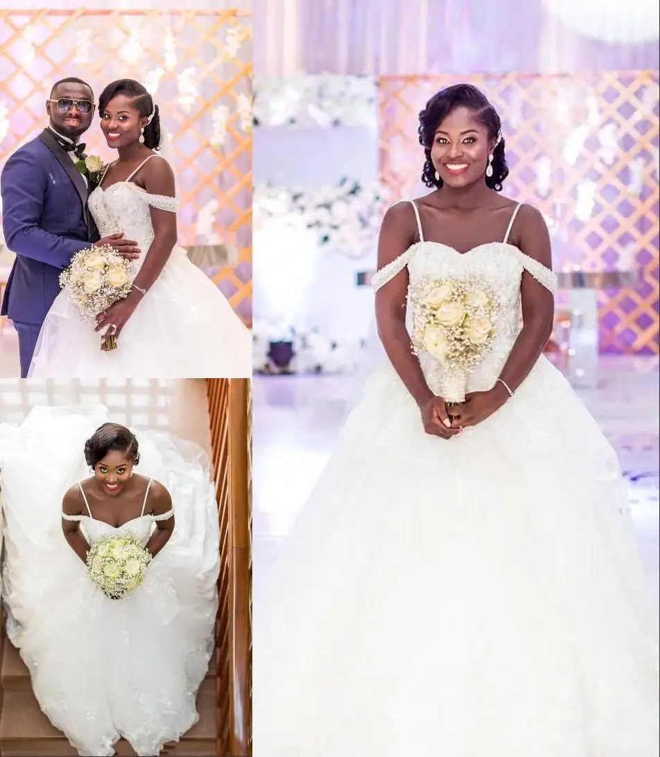 

Новые южноафриканские арабские трапециевидные свадебные платья, Роскошные жемчужные бусины на бретелях, свадебные платья с открытой спино...