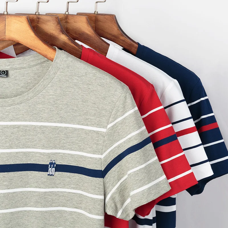 

Mens Short Sleeve Slim Fit Polo Shirt Summer New Red Color Matching Striped Round Neck Fashion Casual Polo Bodybuilding 4 Colors