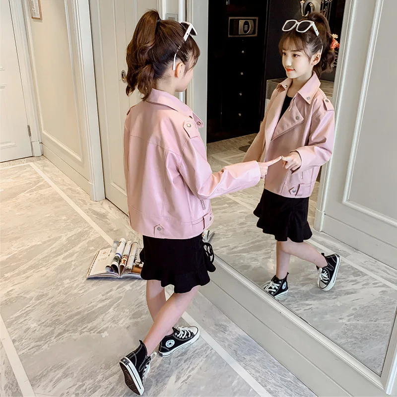 

2022 Spring Autumn New Casual PU Leather Jackets Teenage Pink Vintage Zipper Chic Leather Jacket Fashionable Lapel Girls Outwear