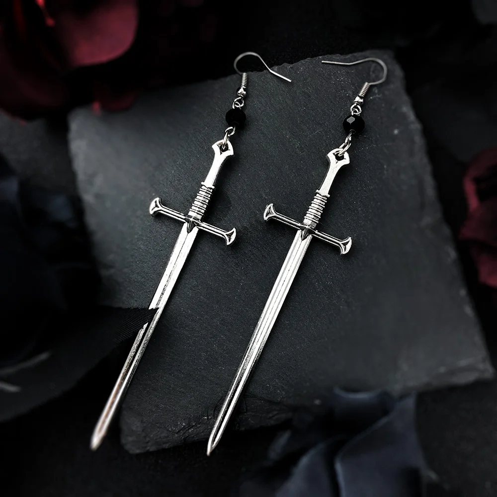 VamGoth1537 Готический меч длинные серьги для женщин Необычные Висячие серебряная