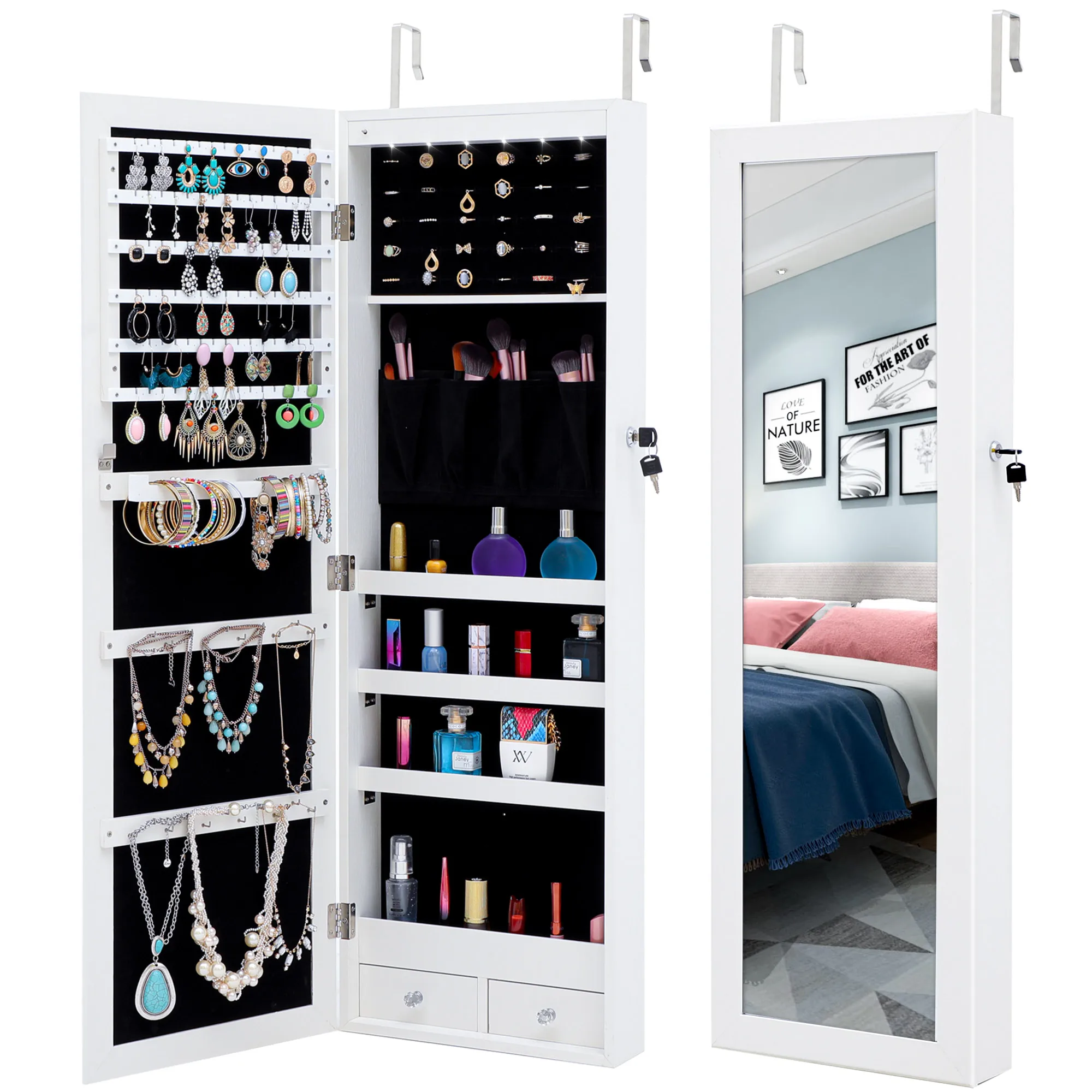 Joyer&iacute;a de moda gabinete para almacenaje con espejo con luces LED colgar en la puerta o decoraci&oacute;n de la pared de espejo-0