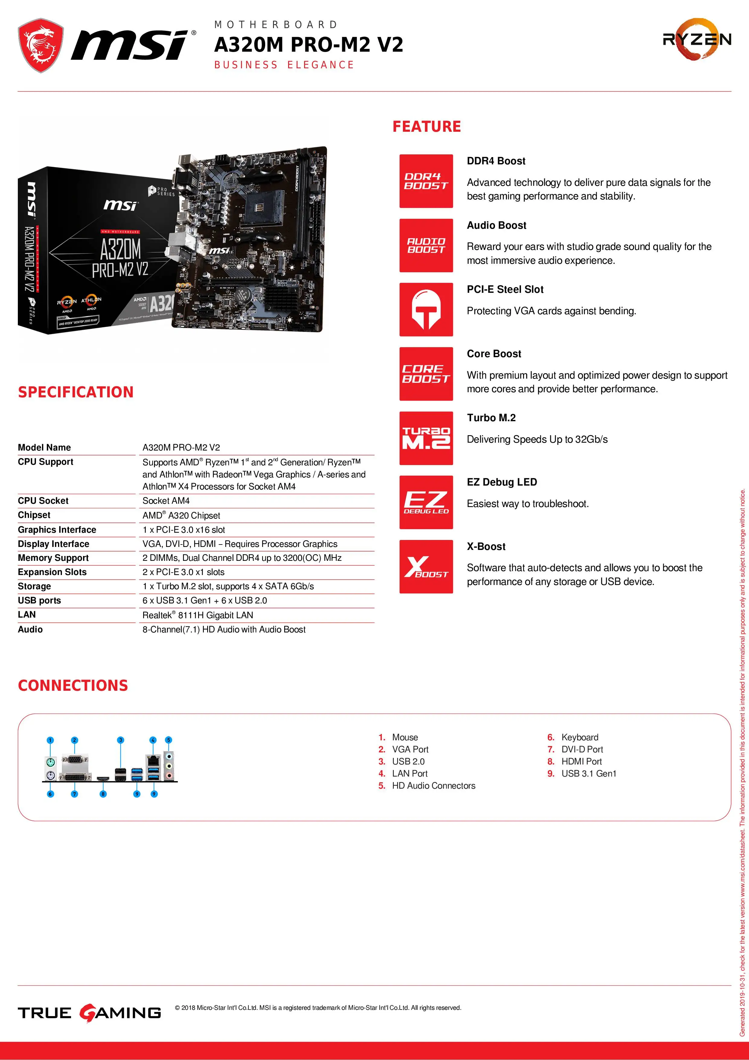 MSI материнская плата A320M PRO-M2 V2 системная плата AMD Socket am4 ddr4 memory rams M.2 SATAIII ssd HDMI+ VGA+ DVI PCI-E 3,0X16 материнская плата для рабочего стола 2011