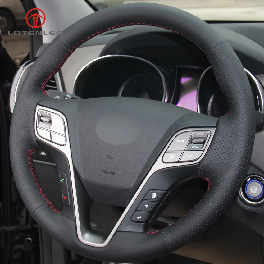 

LQTENLEO Black Artificial Leather Hand-stitched Car Steering Wheel Cover for Hyundai Santa Fe 2013-2018 ix45 2013-2016