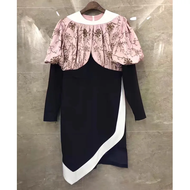 

Woman Dresses Round Collar Long Sleeves Fine Nail Bead Pattern Patchwork Irregular Dress
