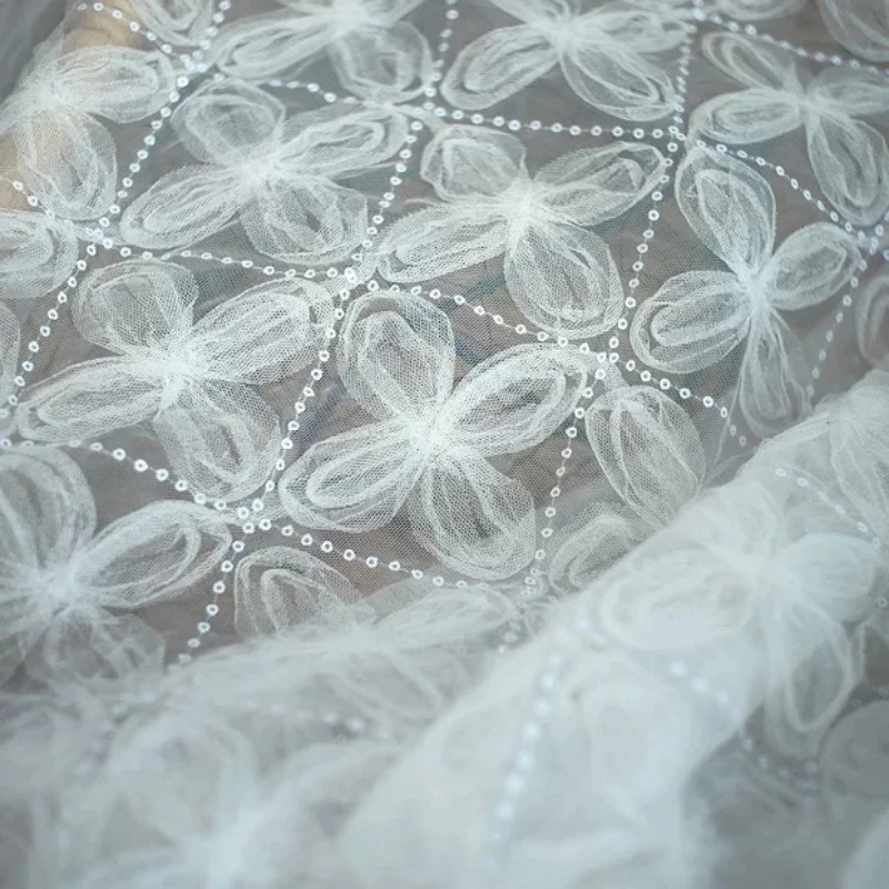 

3D Flower Lace Fabric Wedding Decoration Sewing Dress Fabric Needlework Off White