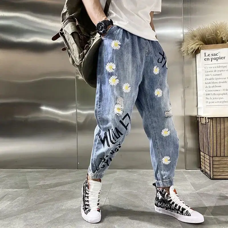 Ripped Jeans Mens Embroidery Harem Pants Spring and Autumn Loose Streetwear Hip Hop Sweatpants Elastic Waist Joggers Capri Pants