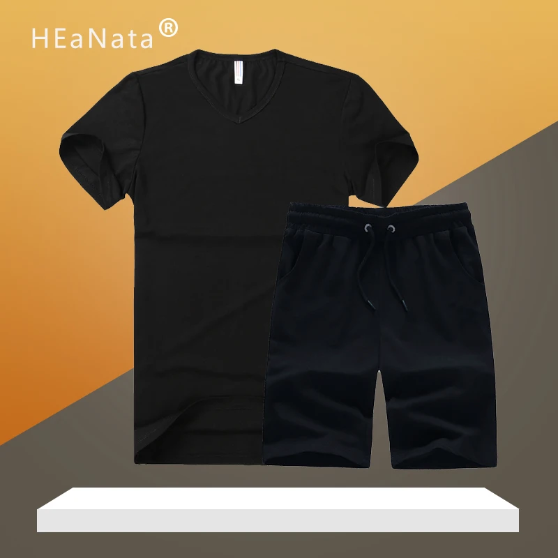 

Summer 2020 New Men Tracksuit Pure Color V-neck Sleeve T-shirt with Shorts Two Pieces Sets Men Slim Fashion Sportswear Suit