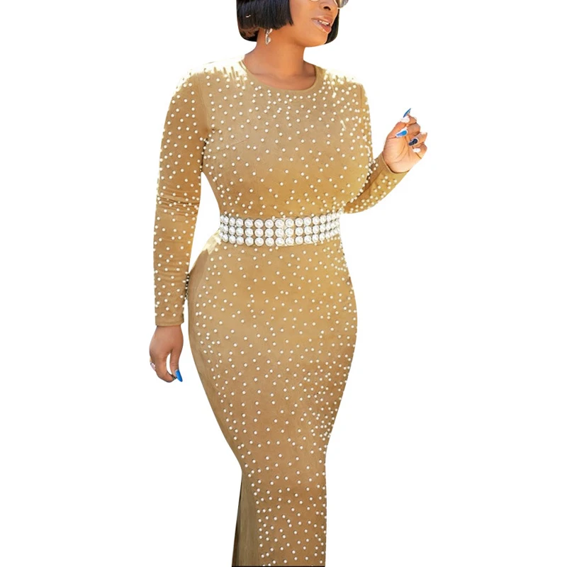 Женское зимнее осеннее платье макси с бусинами облегающее длинным рукавом