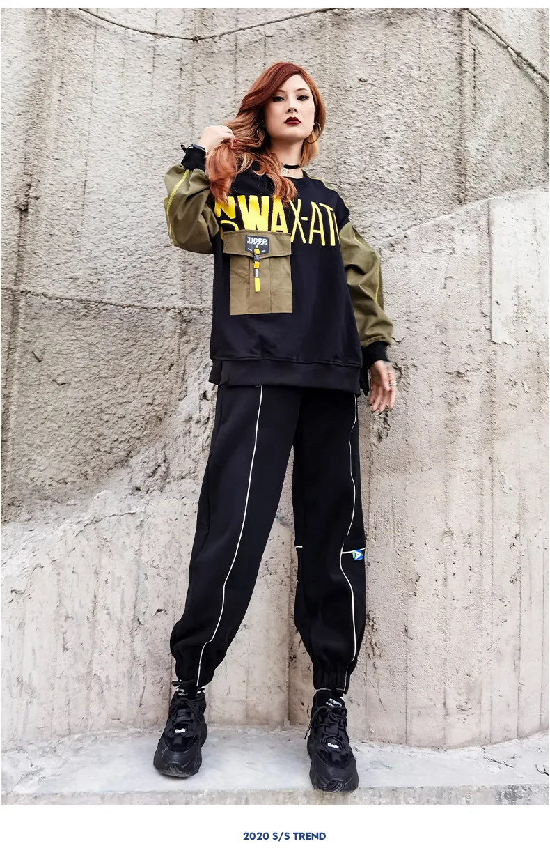 

Vefadisa Letter Print Patchwork Sweatshirt Women 2021 Spring Stitching Color Pullover Coat Plus Size Sweatshirt Coat QYF4837