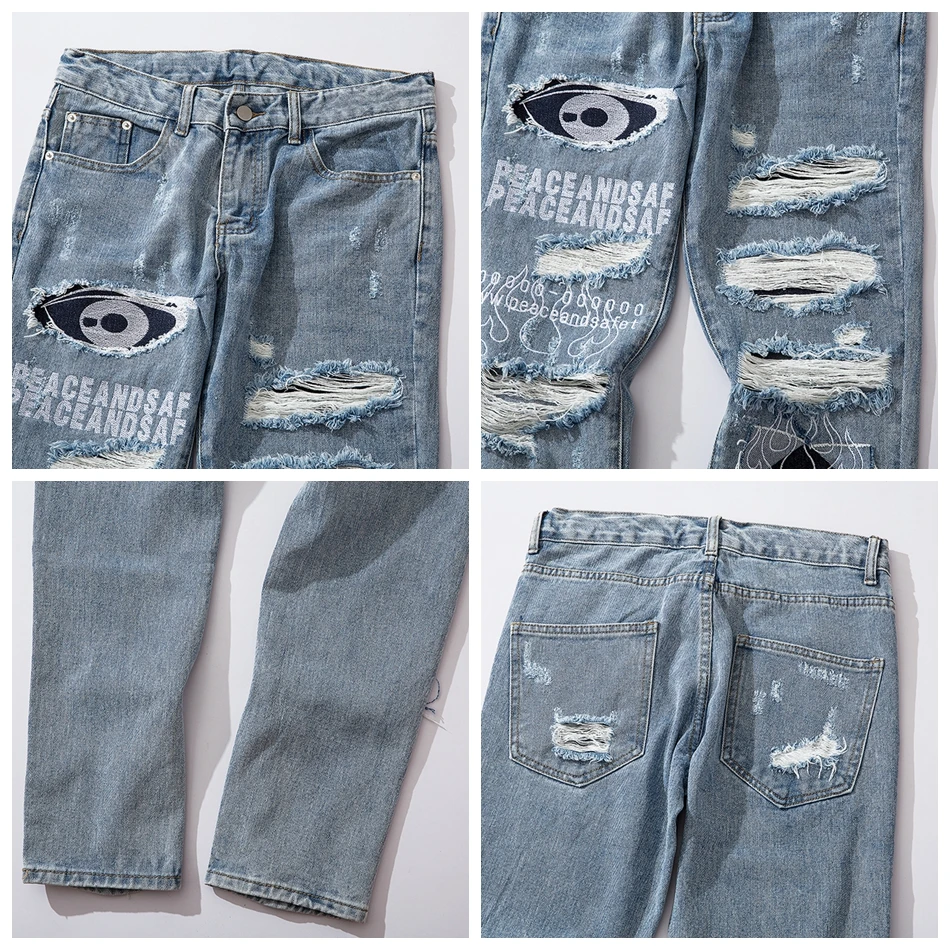 

Hole Frayed Mens Jeans Pants Hip Hop Washed Streetwear Denim Tactical Pants Patchwork Jeans Hombre Ripped Jeans for Men
