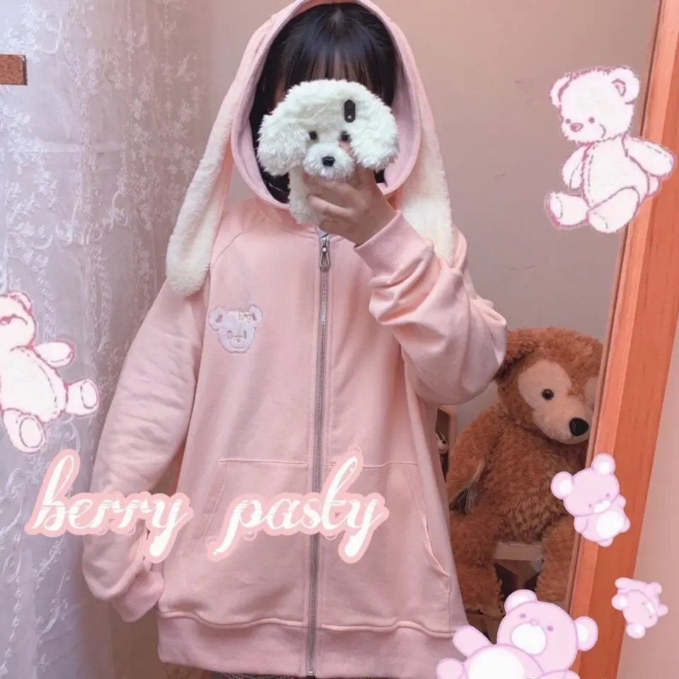 

Cute Rabbit Ear Hoodie Streetwear Hip Hop Women Kawaii Sweatshirts Casual Autumn High Street Hoodies Funny Harajuku Tops Male