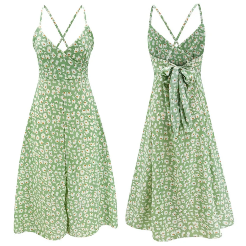 

Sexy Low Chest V Neck Spaghetti Strap Backless Lace Up Midi Dresses Women Summer Floral Print Boho Beach Holiday Female Sundress