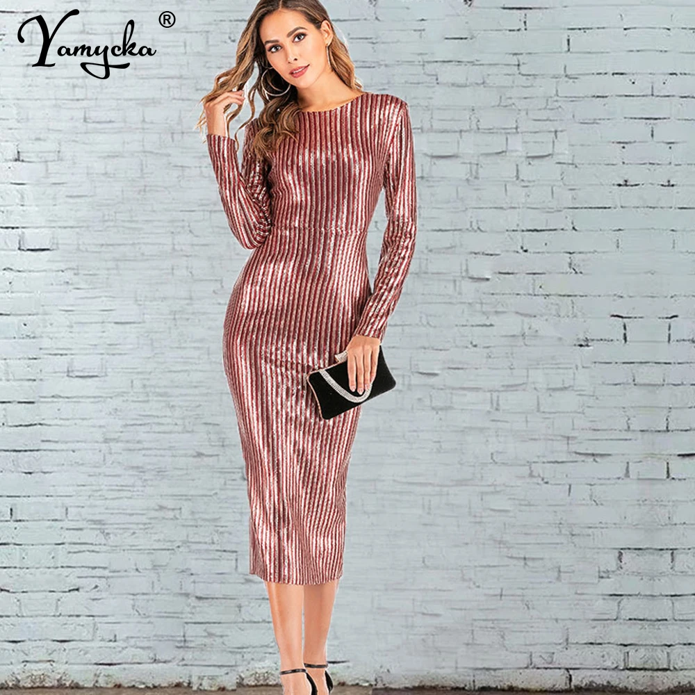 Женское вечернее платье с блестками длинное облегающее длинными рукавами и