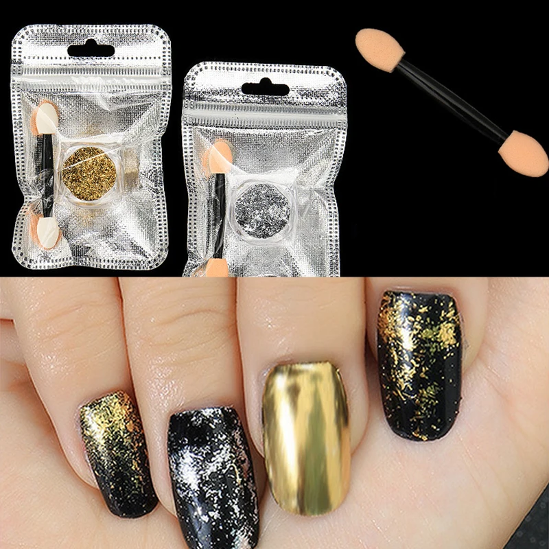 

2 Box Nail Art Flake Powder Gold /Silver Mirror Effect Glitter Flakes With 2pcs Nail Brush DIY Nail Tips Decoration Flakes x1pcs