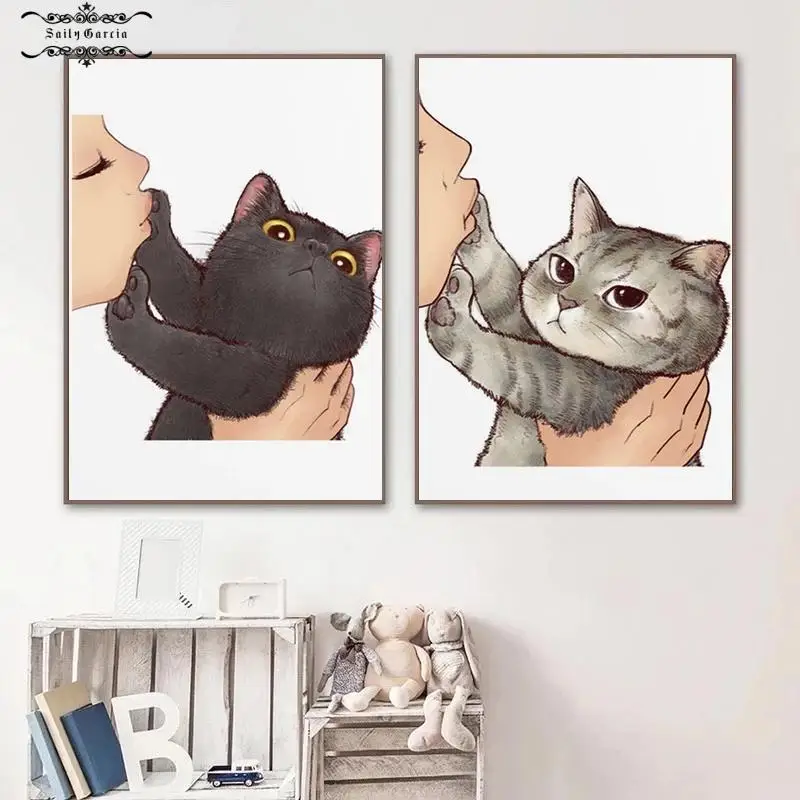 Забавный мультяшный кот Картина на холсте «не поцелуй меня», плакат с милой  кошкой, настенные картины в скандинавском стиле, декор для гостиной,  зоомагазина | AliExpress