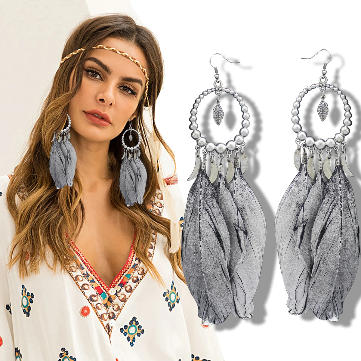 Vintage Indian Summer Large Dream Catcher Grey Feather Silver Plated Moon Hoop Dangle Coral Turkey Blue Stone | Украшения и