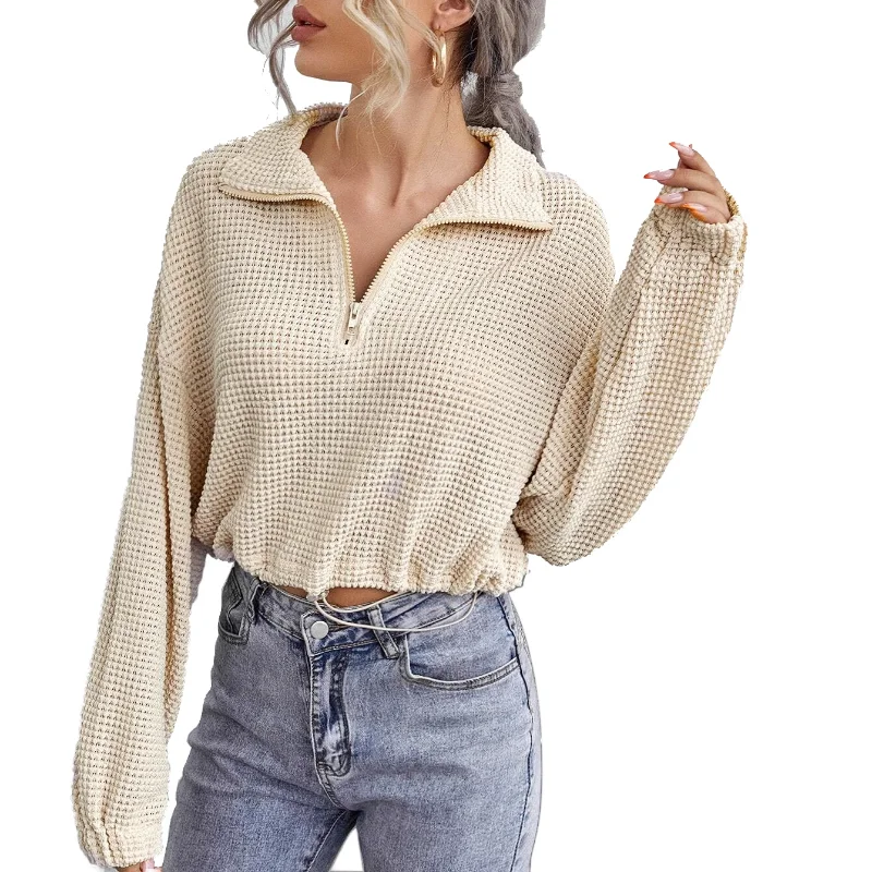 

Women's Oversize Sweater Short Polo Collar Long Sleeve Apricot Top Solid Casual Knitted Pullover Autumn Sweetshirts for Women