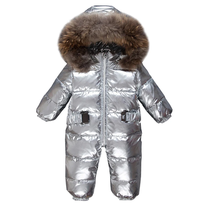 Newborn Baby Boys Jumpsuit Silver Duck Down Winter Snow Overalls Girl Real Fur Romper Outfits Outdoor One Piece Snowsuit