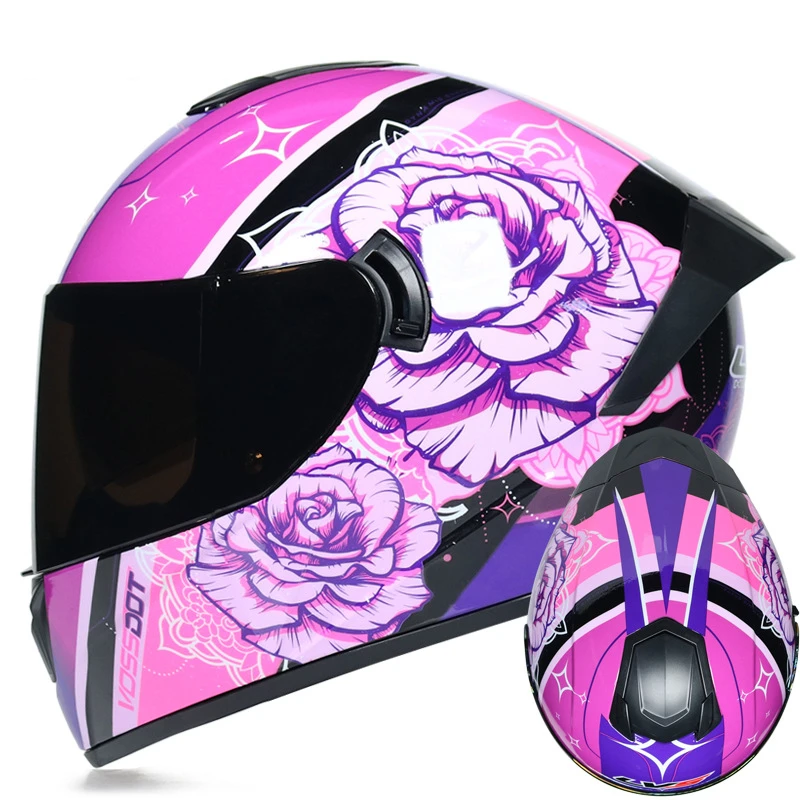 

Мотоциклетный шлем на все лицо, гоночный шлем с двойными линзами для езды по бездорожью, в горошек, с розовым цветочным узором