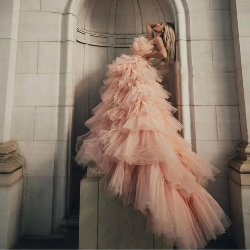 

Fluffy Peach Ball Gown Prom Dresses 2021 vestido de festa Gorgeous Formal Dress Long Tulle Lush Ruffles Prom Gowns Off Shoulder