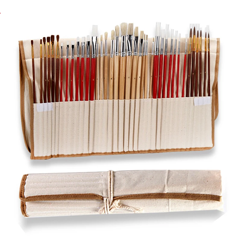 38 pcs/set Paint Brushes with Canvas Bag Case Long Wooden Handle Synthetic Hair Art Supplies for Oil Acrylic Watercolor Painting