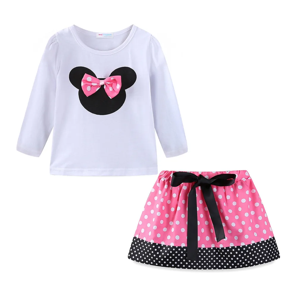 Pink Skirt L-Shirt Mudkingdom/одежда с изображением Минни для маленьких девочек; милый бант из ленты в горошек; цвет розовый, красный - Цвет: Pink Skirt L-Shirt