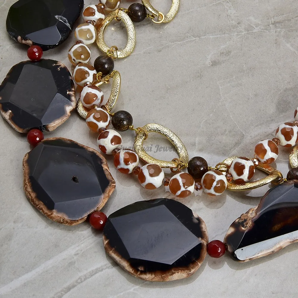 

GG Jewelry 20'' 3 Strands Agate Round Bronzite Crystal Slice Necklace