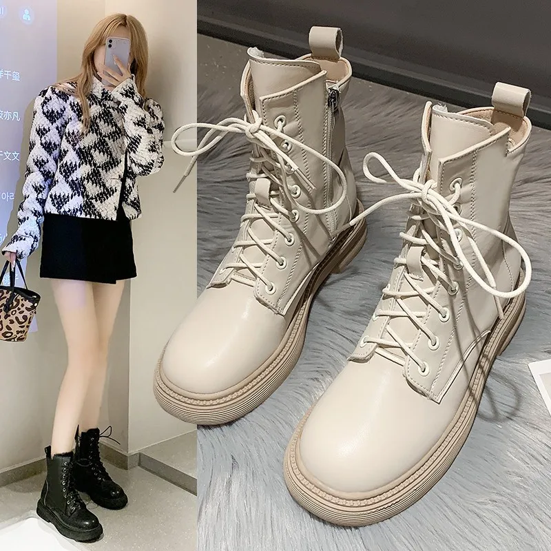 Beige black plush warm fur ankle boots women's 2022 fall/winter motorcycle boots thick-soled gothic shoes women's combat boots